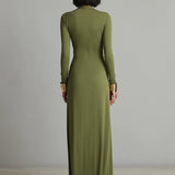Lolla | Vestido Maxi de Seda Verde Oliva con Escote en V