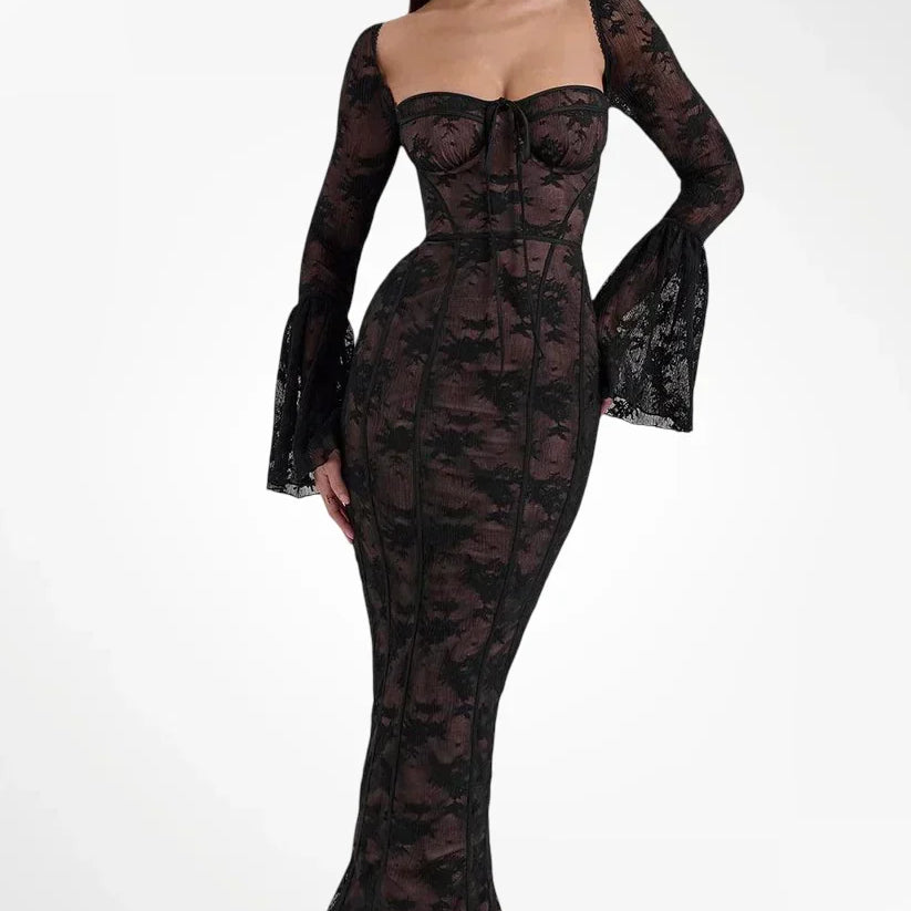 VESTIDO LARGO DE ENCAJE CON ELEGANCIA ROMÁNTICA
