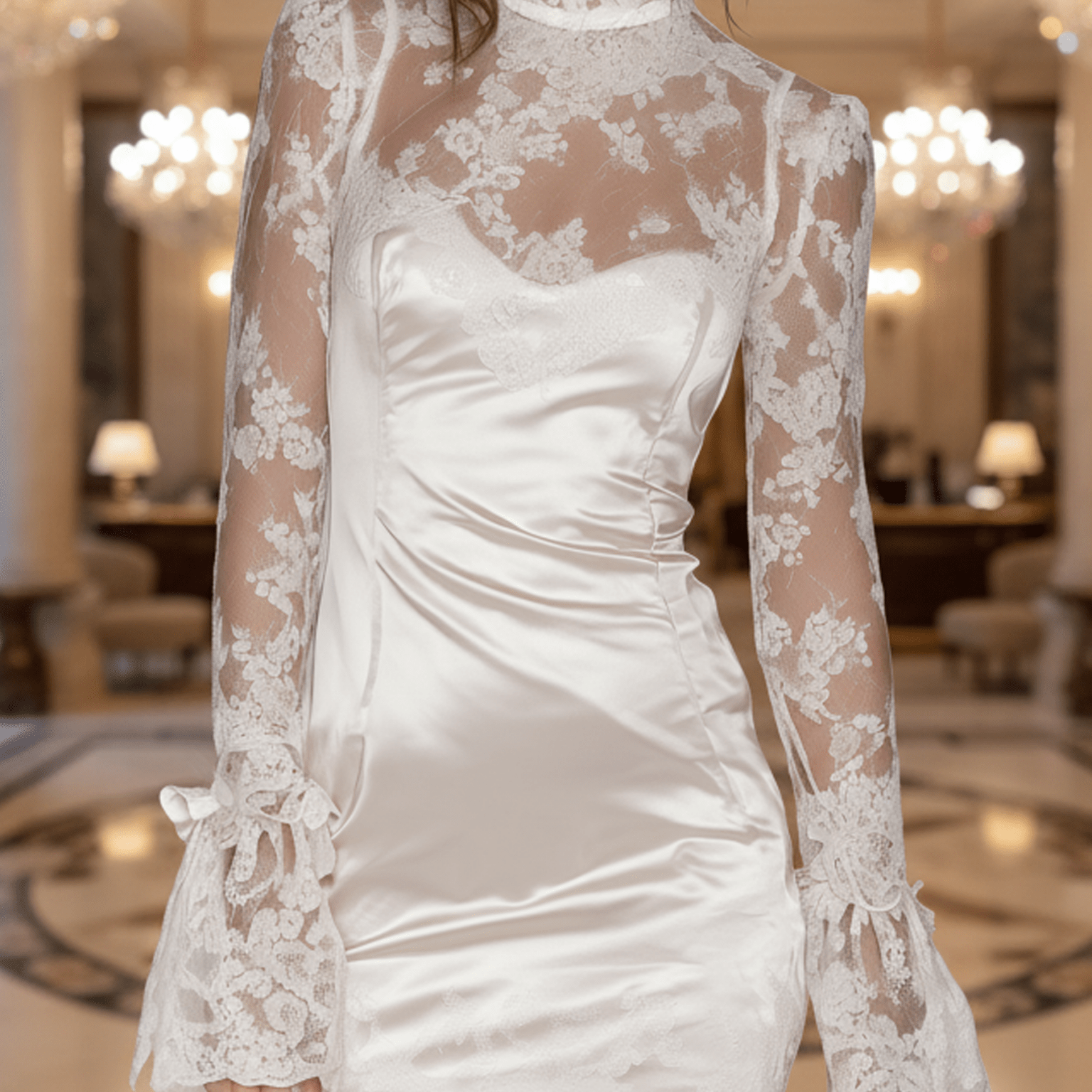 VESTIDO CORTO BLANCO DE SATÉN Y ENCAJE CON MANGA LARGA