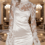 VESTIDO CORTO BLANCO DE SATÉN Y ENCAJE CON MANGA LARGA