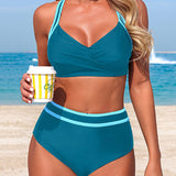 BIKINI DE DOS PIEZAS DE TIRO ALTO CON RAYAS Y DISEÑO EN CONTRASTE