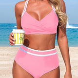 BIKINI DE DOS PIEZAS DE TIRO ALTO CON RAYAS Y DISEÑO EN CONTRASTE