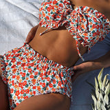 BIKINI DE DOS PIEZAS FLORAL DE TIRO ALTO CON VOLANTES