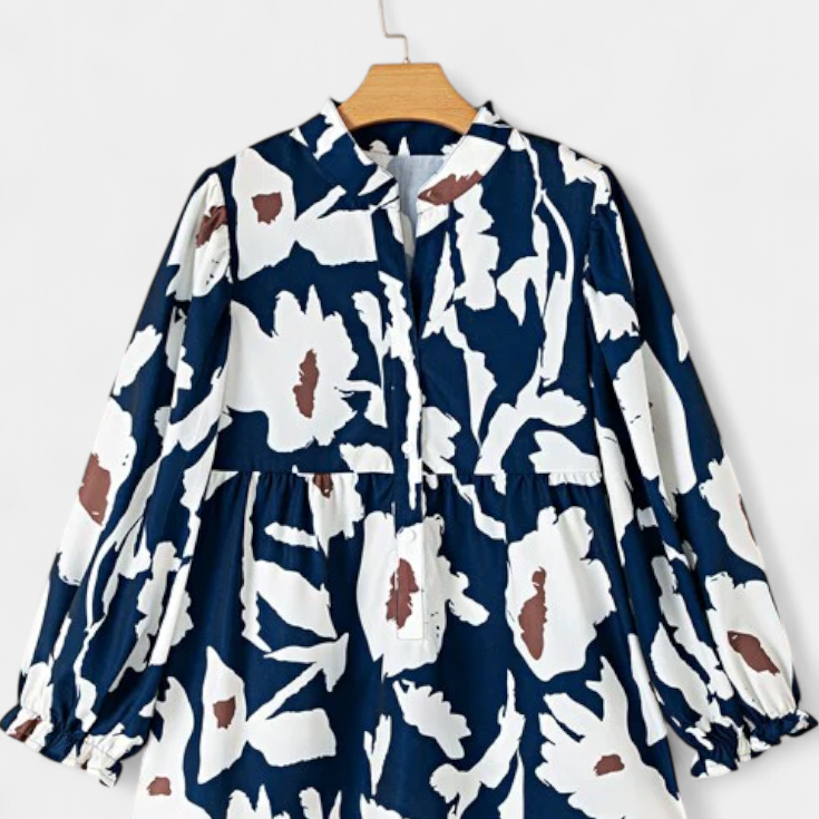 Filomena Blusa con Media Botonadura y Manga Abullonada en Estampado Floral Abstracto