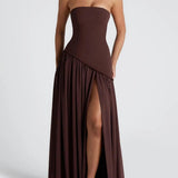 VESTIDO MAXI SIN TIRANTES CON ABERTURA Y CINTA