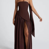 VESTIDO MAXI SIN TIRANTES CON ABERTURA Y CINTA