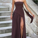 VESTIDO MAXI SIN TIRANTES CON ABERTURA Y CINTA