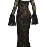 VESTIDO LARGO DE ENCAJE CON ELEGANCIA ROMÁNTICA
